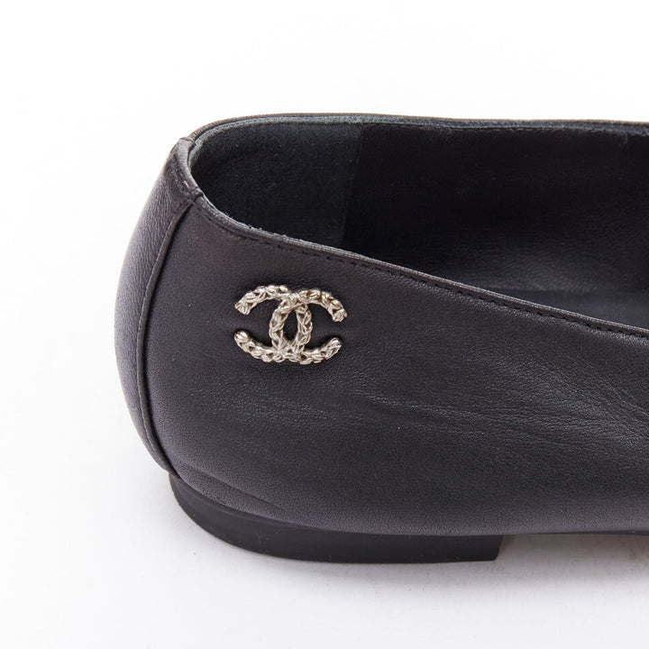 CHANEL black leather silver CC logo camellia flat loafer EU36.5