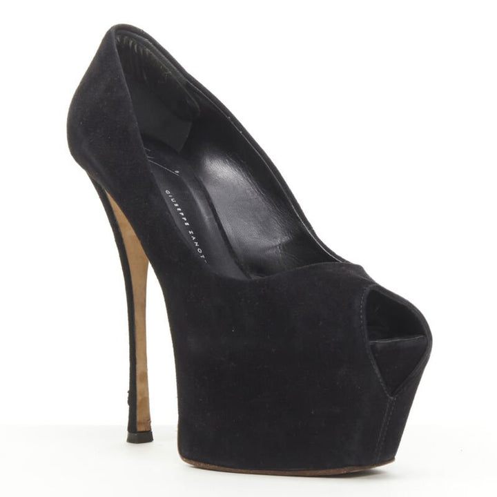 GIUSEPPE ZANOTTI Liza black suede platform high platform peep toe heel EU38