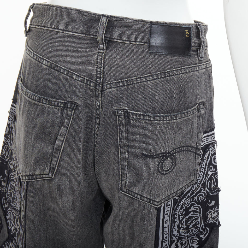 R13 2024 Venti black paisley raw hem drop crotch loose boyfriend jeans 23"