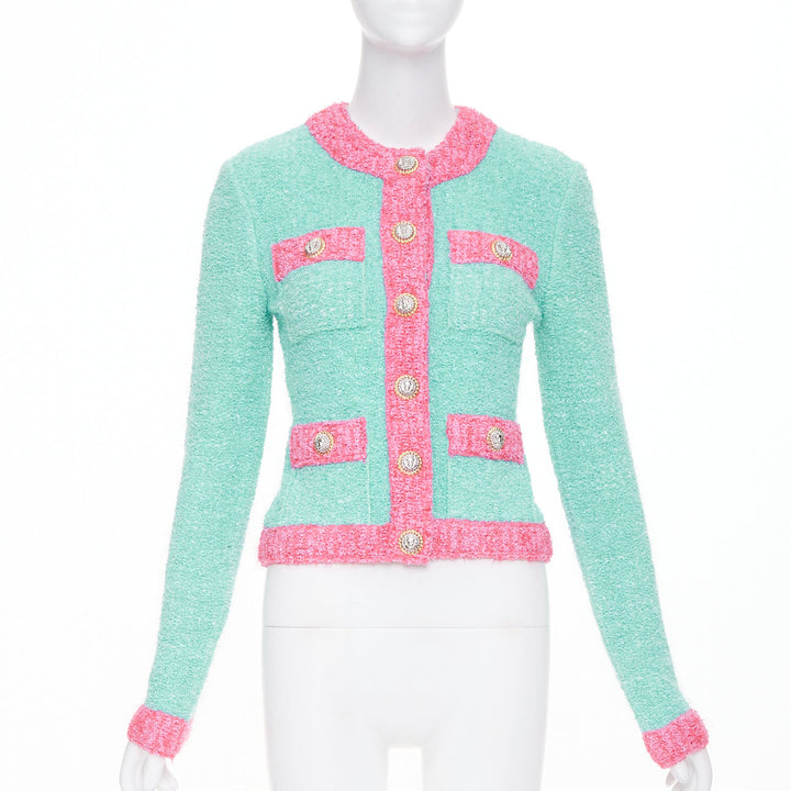 BALMAIN 2024 green pink boucle lurex buttoned knit cardigan FR34 XS