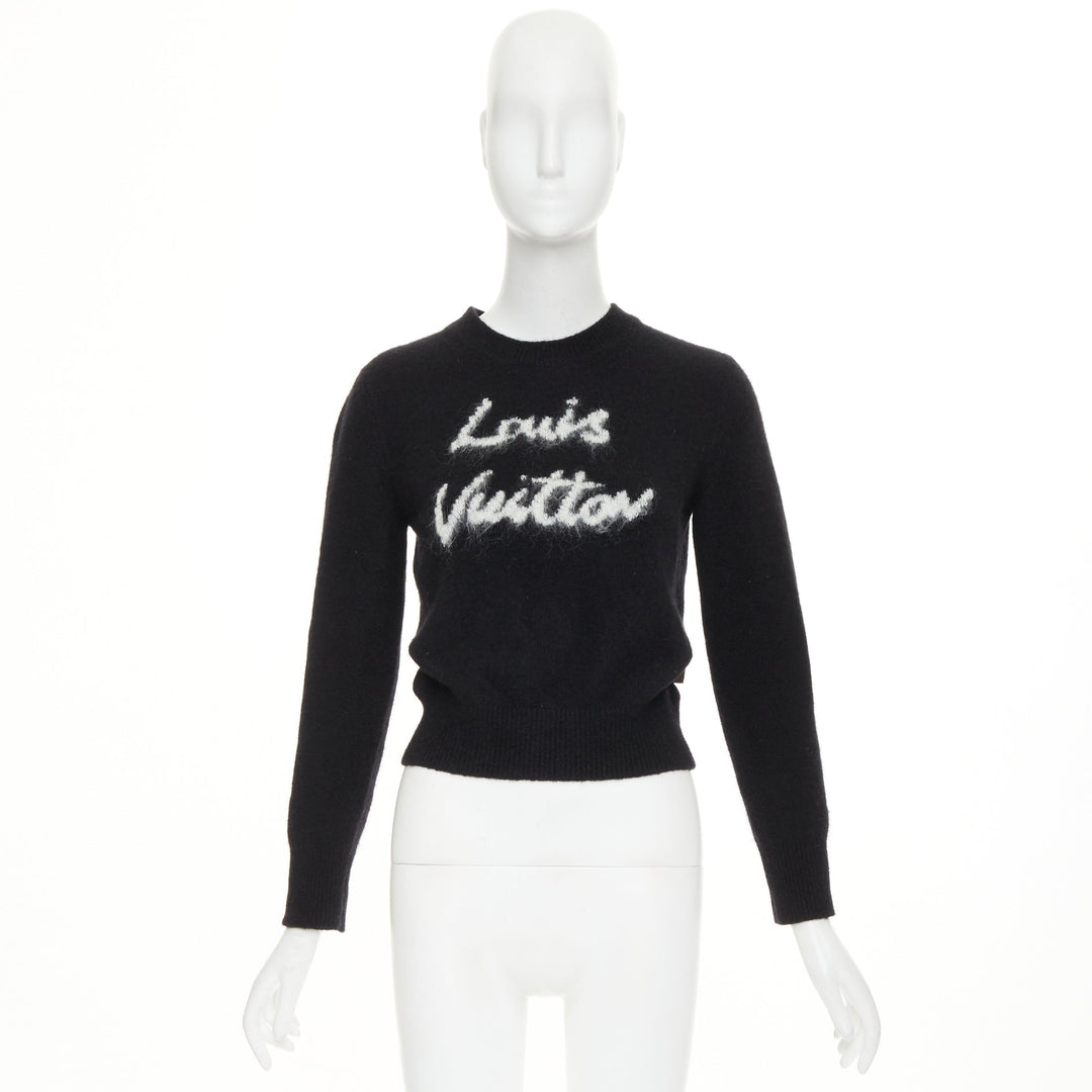 LOUIS VUITTON Cursive Signature black white wool blend fluffy logo sweater XS