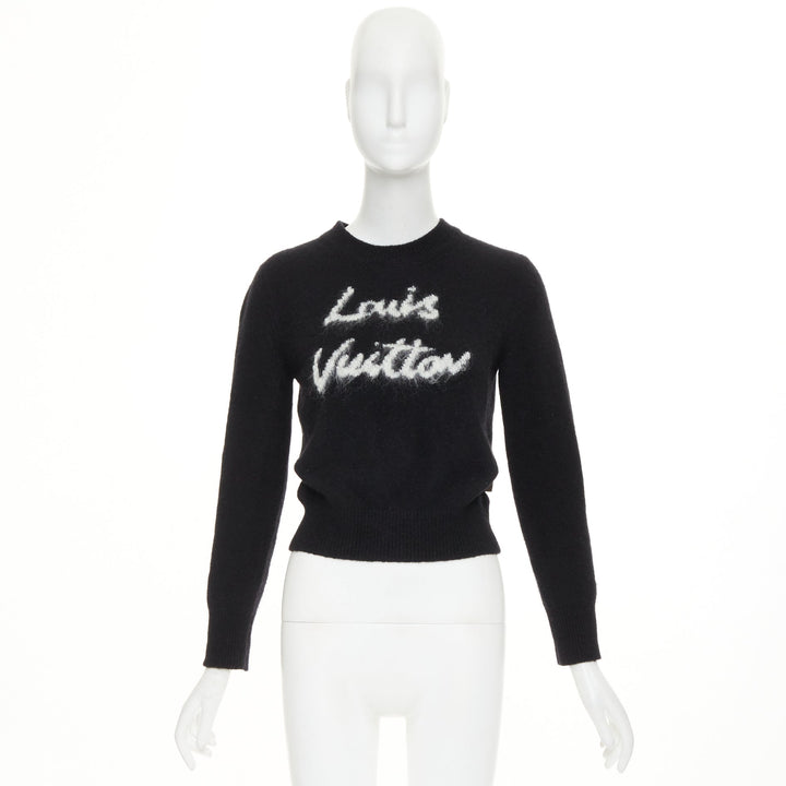 LOUIS VUITTON Cursive Signature black white wool blend fluffy logo sweater XS