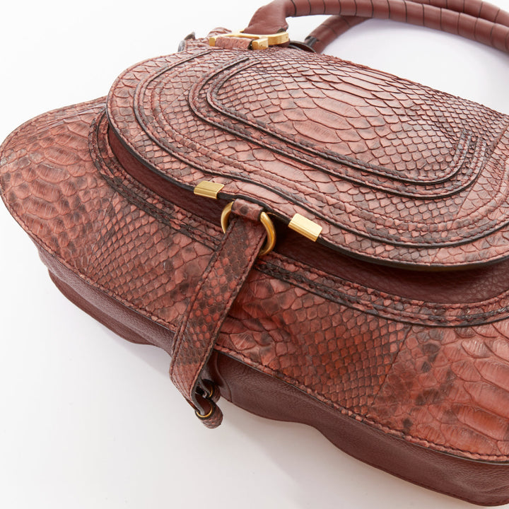 CHLOE Marcie Medium reddish brown snakeskin gold hardware satchel handbag