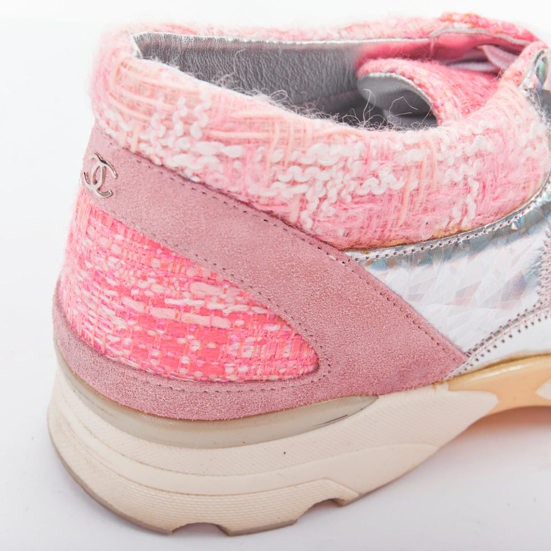 CHANEL 2014 pink tweed silver holographic silver leather sneakers EU38.5