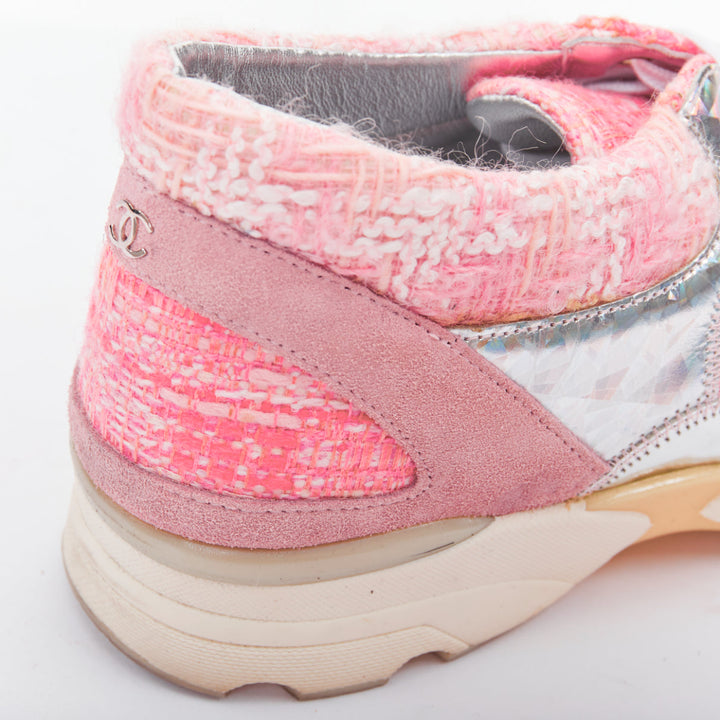 CHANEL 2014 pink tweed silver holographic silver leather sneakers EU38.5