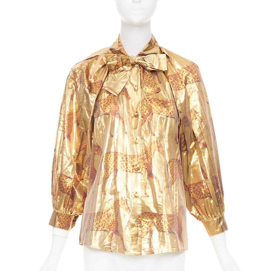 rare GUCCI 2016 horse metallic lurex animal print pussy bow blouse top IT36 XXS