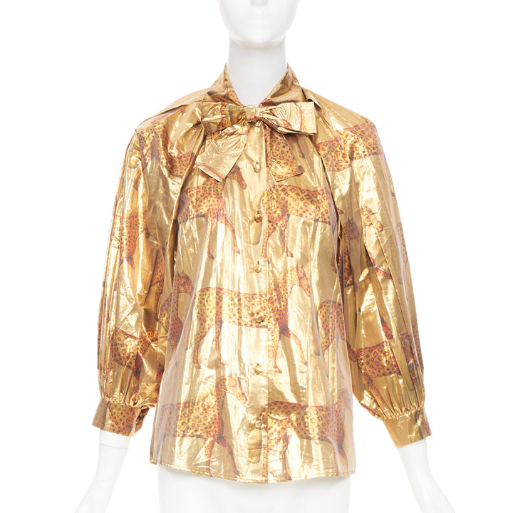 rare GUCCI 2016 horse metallic lurex animal print pussy bow blouse top IT36 XXS
