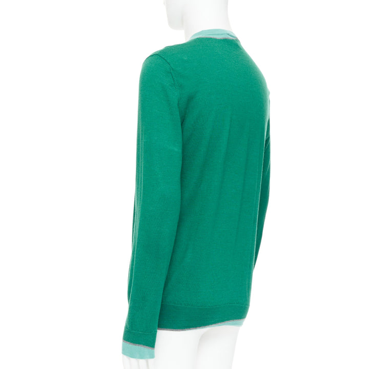 HERMES cashmere silk blend green blue border trompe loeil crewneck sweater
