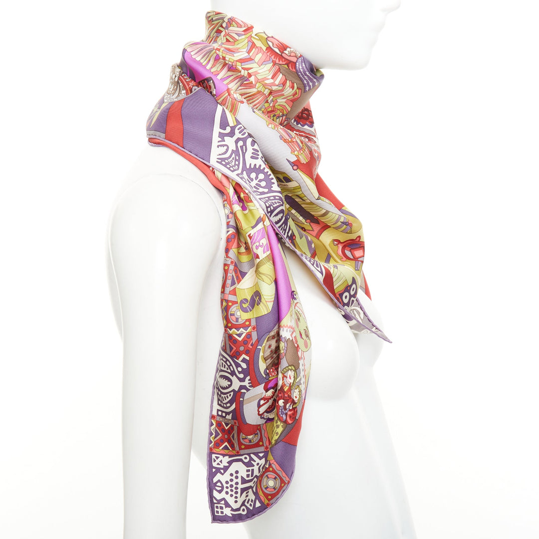 HERMES 2009 Zabavushka Russian folk toy print multicolor silk square scarf 90cm
