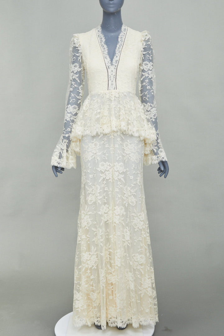 rare ALEXANDER MCQUEEN 2019 Bridal ivory floral lace peplum maxi gown IT40 S