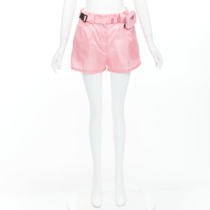 PRADA 2021 Re-Nylon pink triangle logo mini pouch high waist shorts IT38 XS