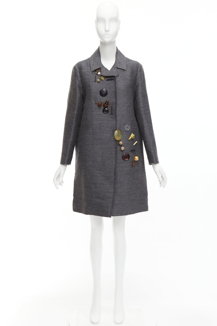 MARNI grey wool geometric beads embellishment trapeze coat IT38 XS