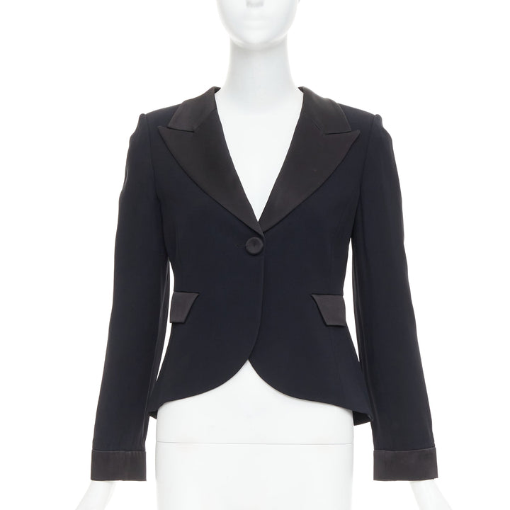 EMPORIO ARMANI black satin peak lapel cropped tuxedo blazer IT40 S