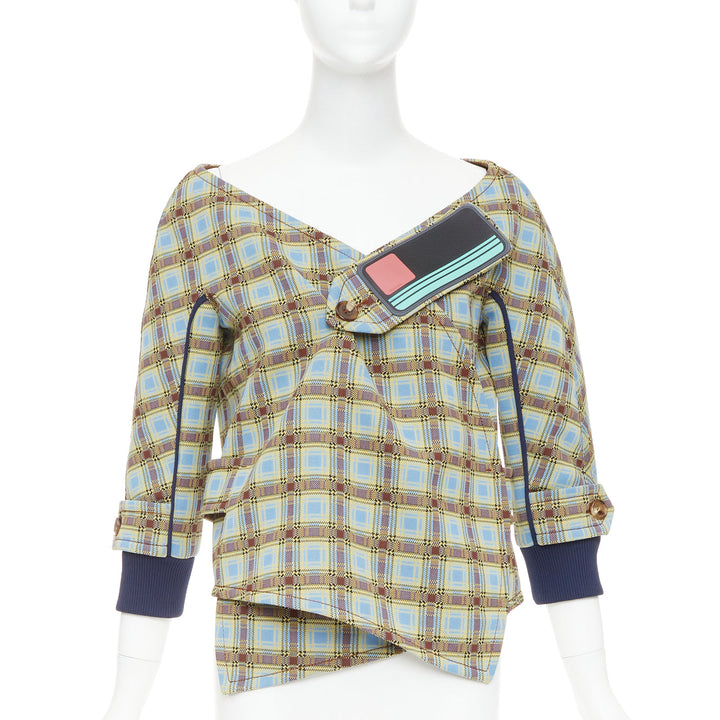 PRADA 2017 Runway blue green check patch drape collar jacket IT38 XS