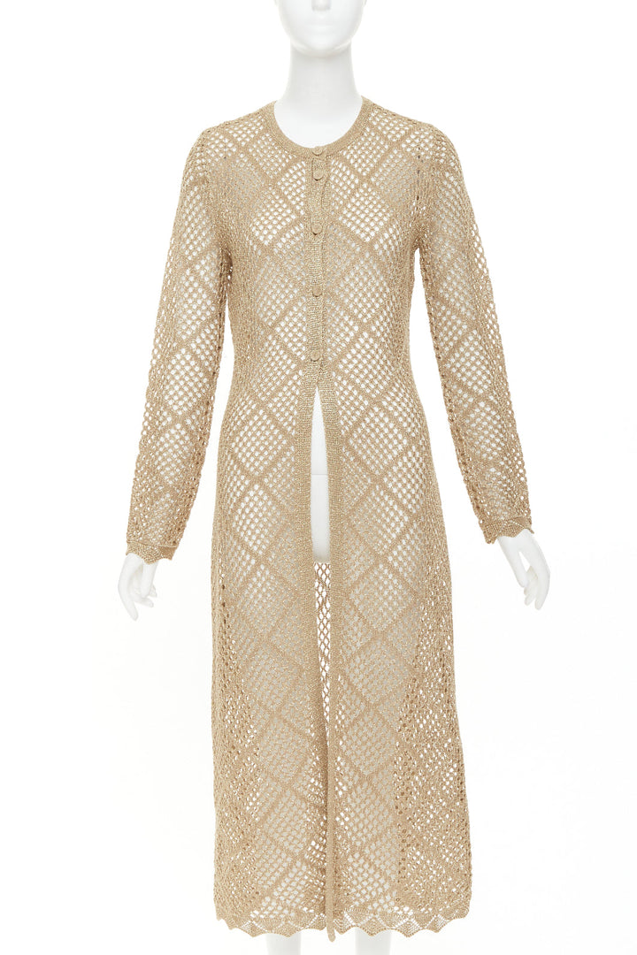 TWINSET 2024  metallic gold lurex mesh diamond open knit lace long cardigan M
