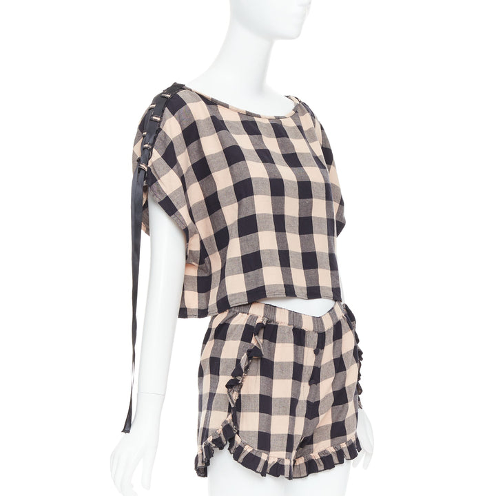 MORGAN LANE peach black cotton ribbon trim checkered top short set P