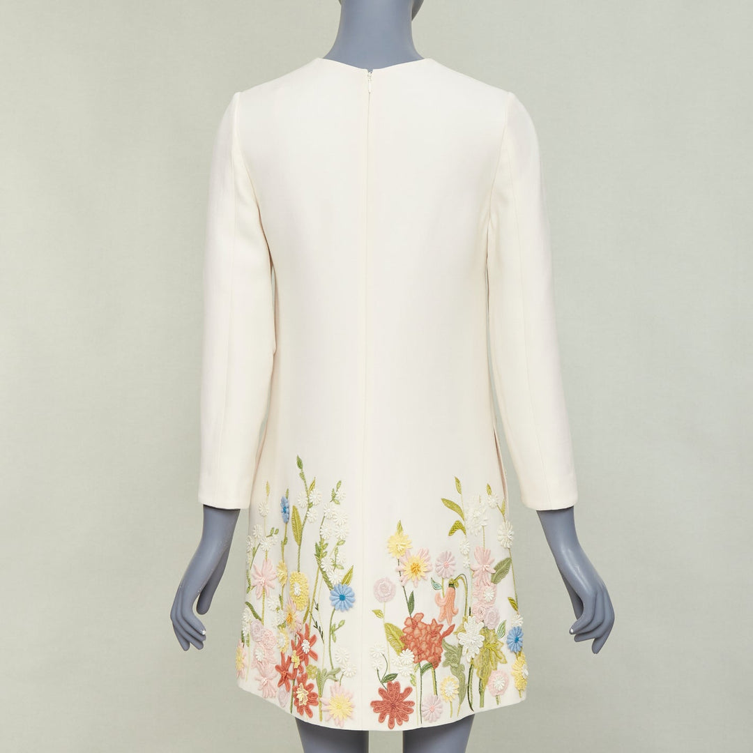 VALENTINO Crepe Couture ivory wool silk floral embroidered A-line dress IT38 XS