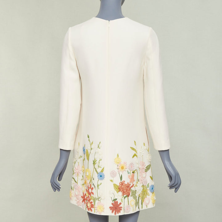VALENTINO Crepe Couture ivory wool silk floral embroidered A-line dress IT38 XS