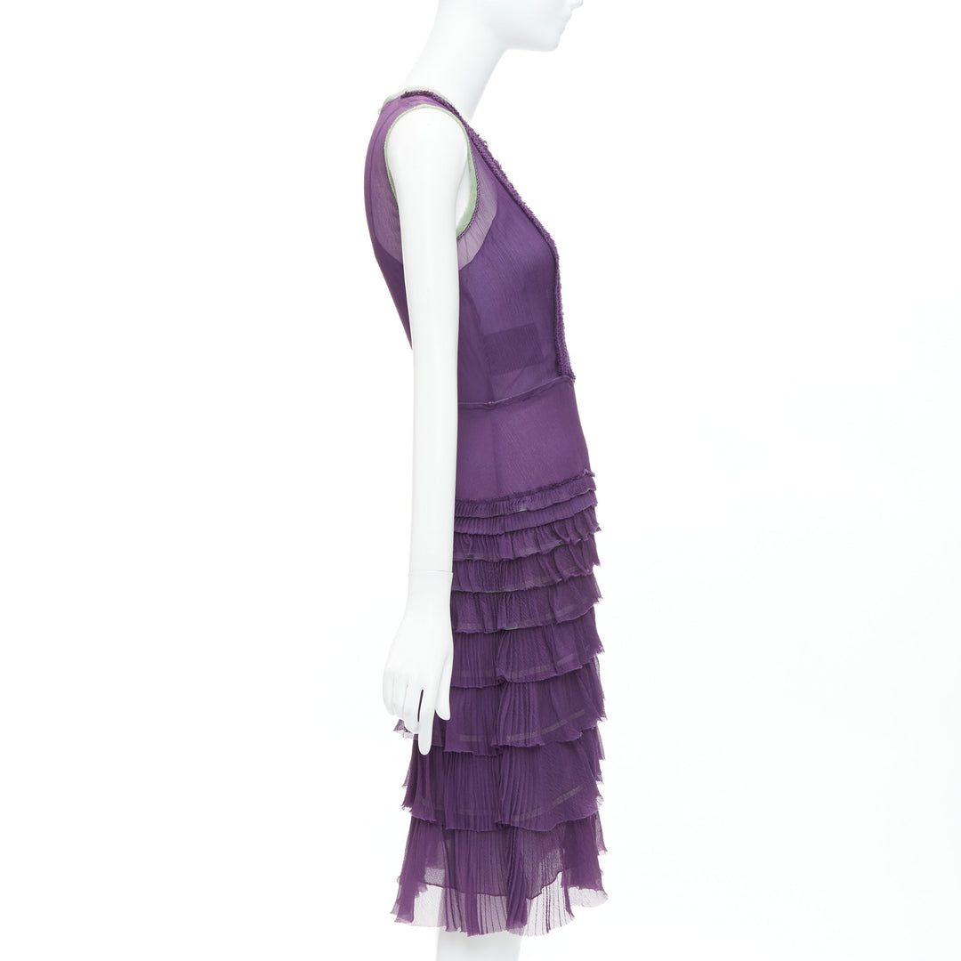 PRADA Vintage 100% silk purple green trim pleated tiered dress IT38 XS