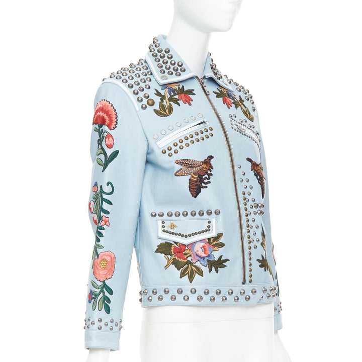 GUCCI Michele 2016 Runway blue bee floral embroidery studded jacket IT38 XS