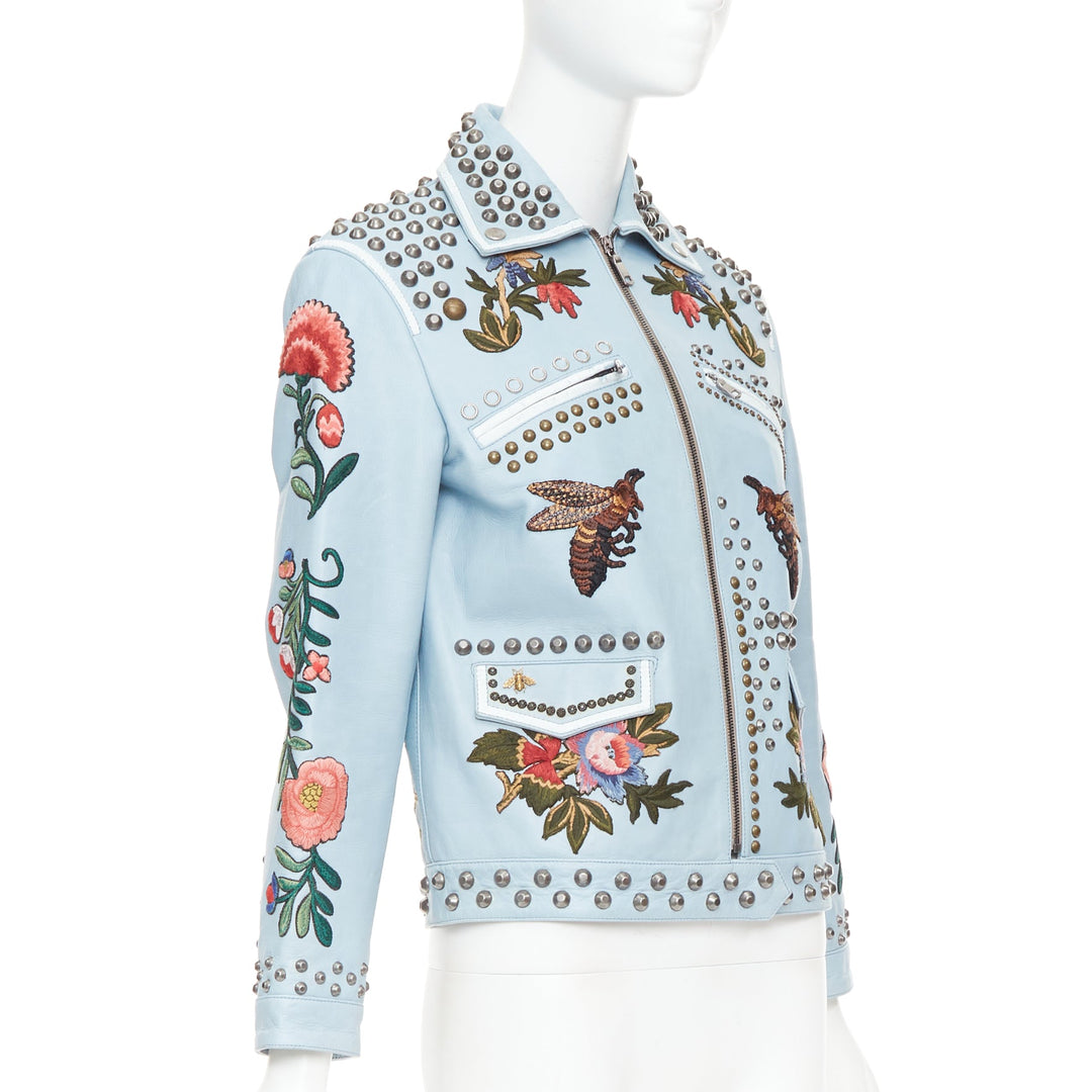 GUCCI Michele 2016 Runway blue bee floral embroidery studded jacket IT38 XS