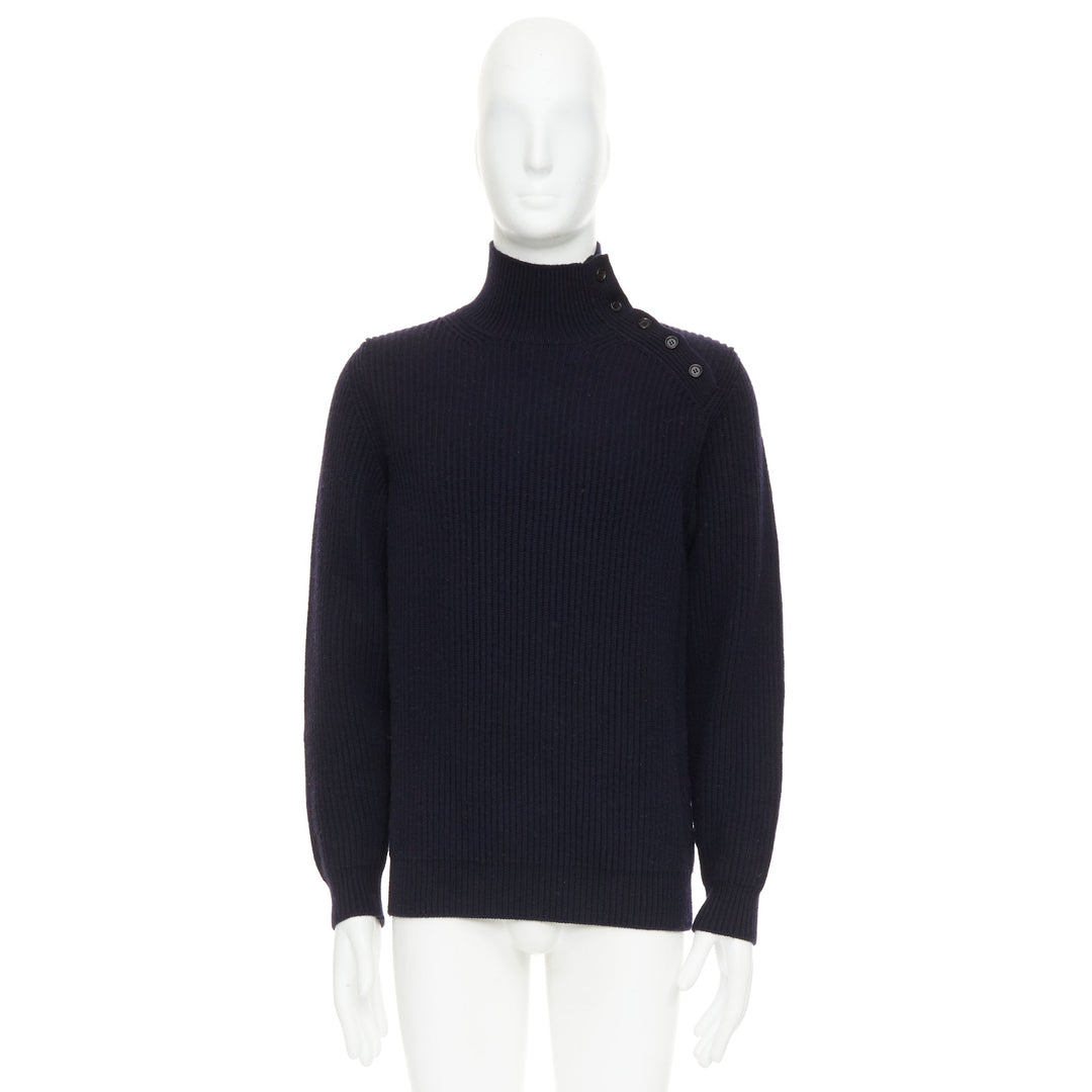 BRIONI 100% cashmere navy leather trim side button sweater IT48 M