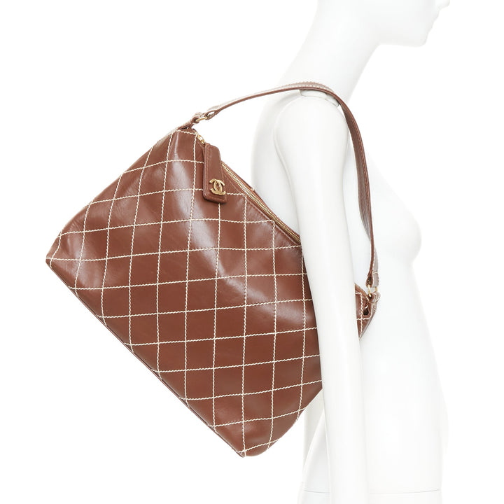 CHANEL Surpique Wild Stitch brown leather gold CC logo shoulder hobo bag