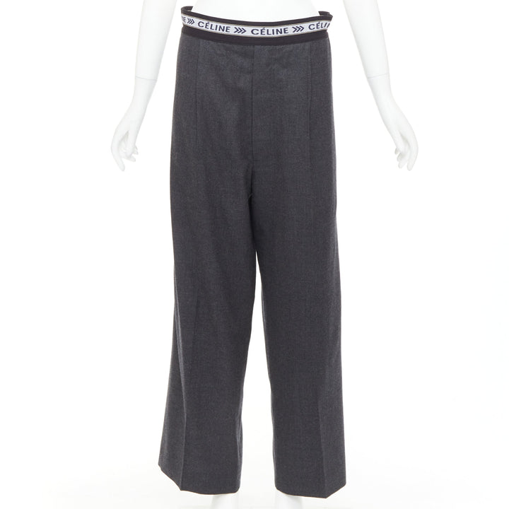CELINE Phoebe Philo grey wool logo waistband wide leg trousers FR34 XS