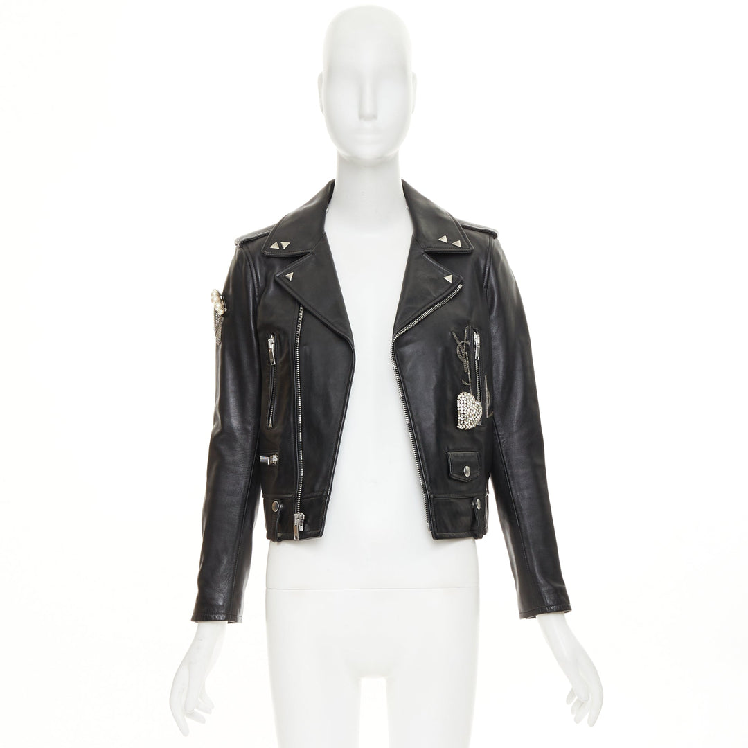 SAINT LAURENT 2017 Pearl Heart embellished black lambskin biker jacket S