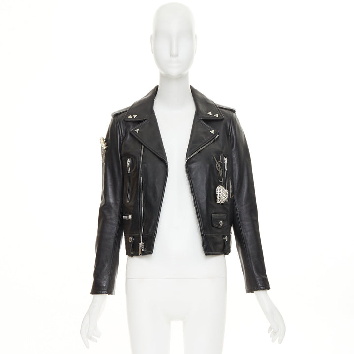 SAINT LAURENT 2017 Pearl Heart embellished black lambskin biker jacket S