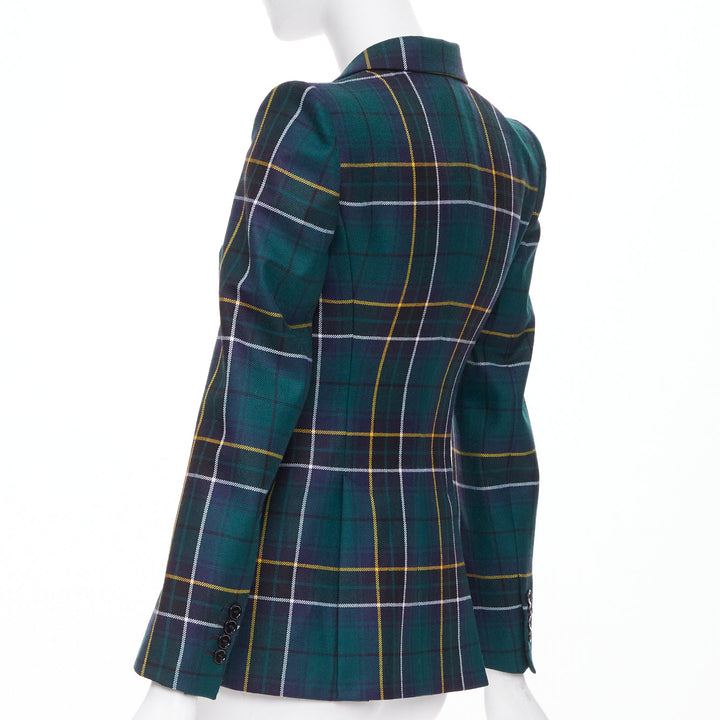 ALEXANDER MCQUEEN 2025 green wool tartan pointed shoulder blazer jacket IT36 XXS