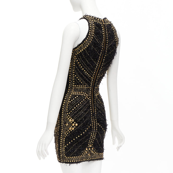 BALMAIN  2022 gold black boucle tweed gold stud embellished Labyrinth dress FR34