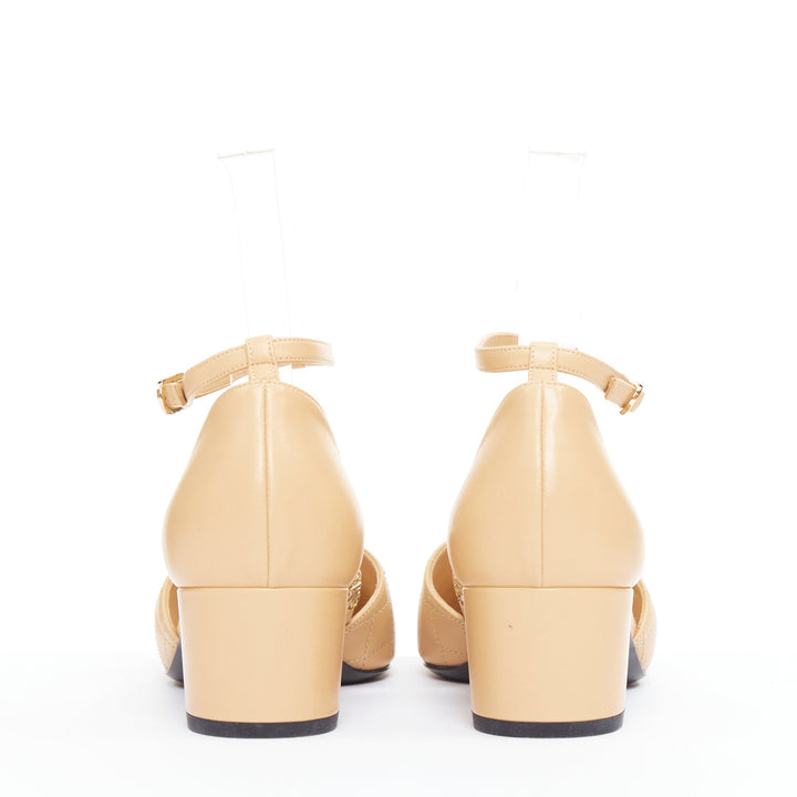 CHANEL nude quilted lambskin leather CC logo cap toe mary jane pumps EU39