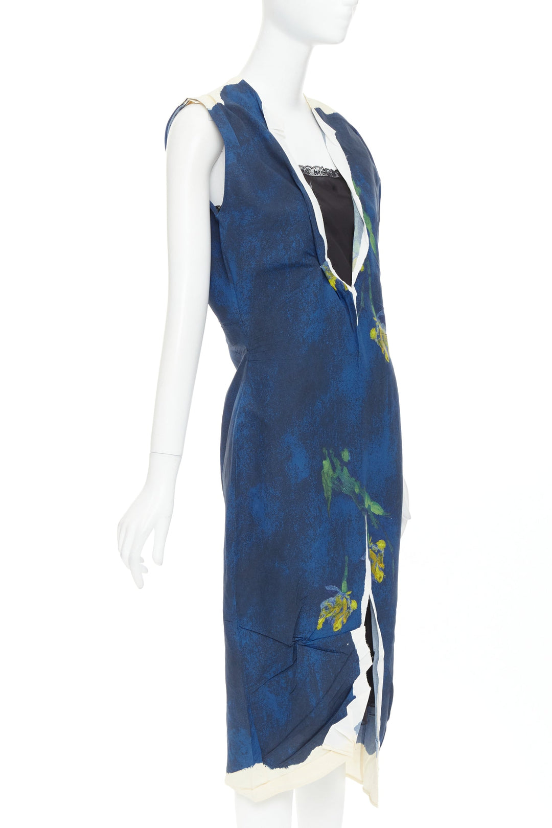 PRADA 202 Runway navy blue yellow paper viscose crinkled floral dress IT38 XS