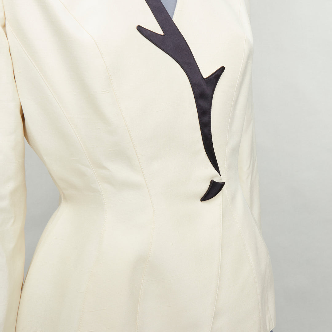 THIERRY MUGLER 1998 Vintage off white cotton border collar peplum blazer FR40 L