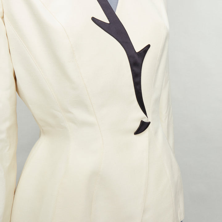 THIERRY MUGLER 1998 Vintage off white cotton border collar peplum blazer FR40 L