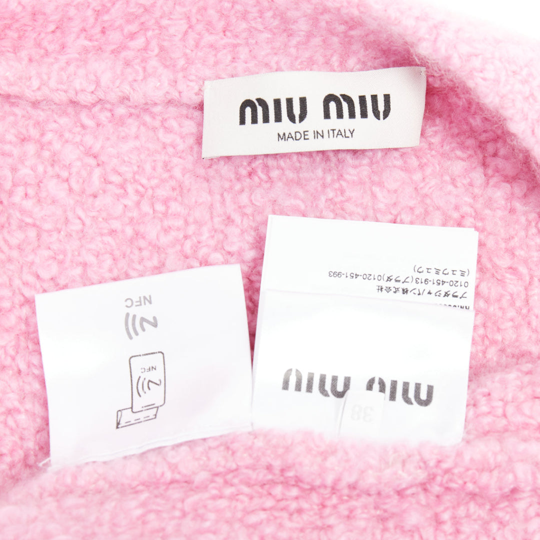 MIU MIU 2023 pink cashmere boucle logo gold button cardigan IT38 XS