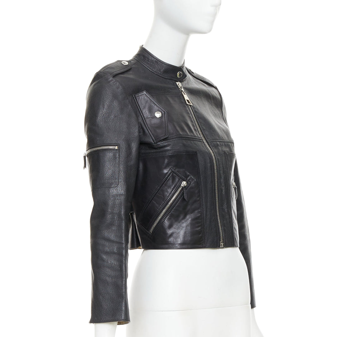 LOUIS VUITTON black goatskin leather LV zip cropped biker jacket FR36 S
