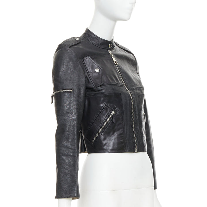LOUIS VUITTON black goatskin leather LV zip cropped biker jacket FR36 S