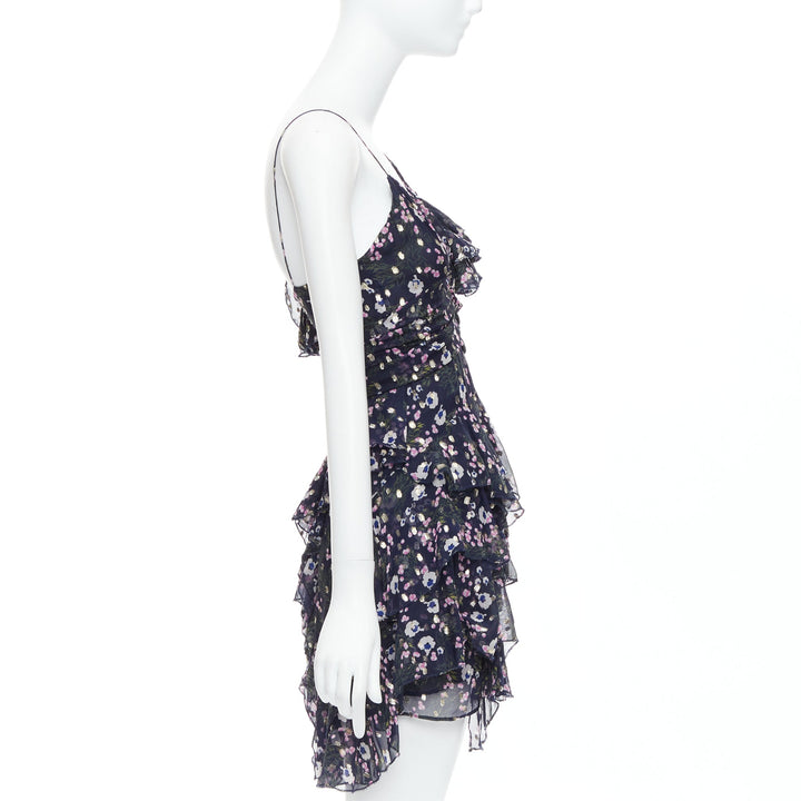 ISABEL MARANT Manda navy silk metallic floral asymmetric ruffle dress FR34 XS