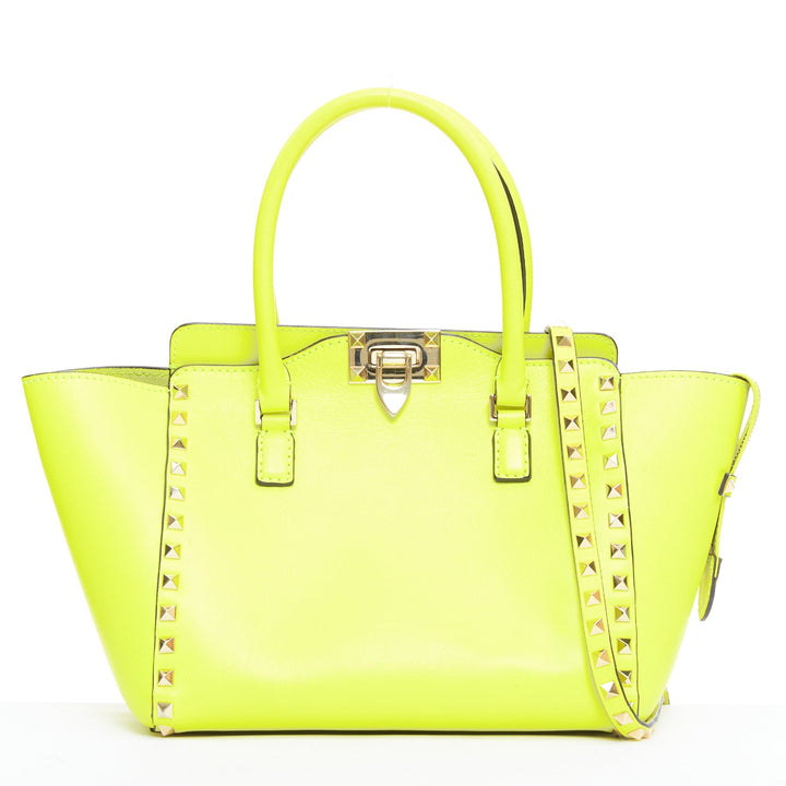 VALENTINO Rockstud neon yellow leather pyramid stud tote bag