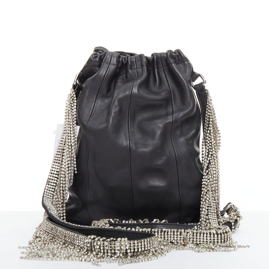 KARA black leather white logo strass fringe crystal mini backpack bag