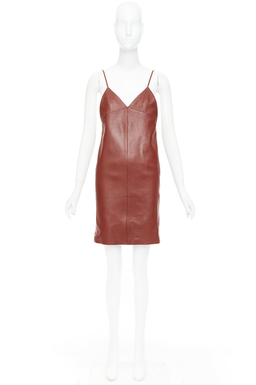 SAINT LAURENT 2024 Goji burgundy lambskin plunge low cut back slip dress FR34 XS