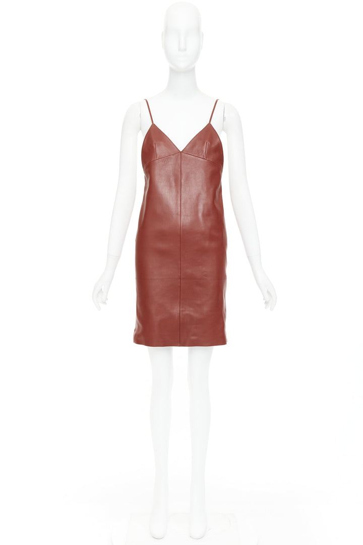 SAINT LAURENT 2024 Goji burgundy lambskin plunge low cut back slip dress FR34 XS