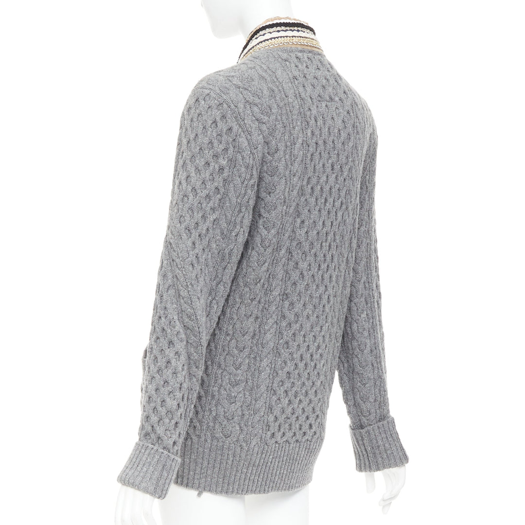 SACAI 2017 grey wool metallic military baroque trim cable knit cardigan JP1 S