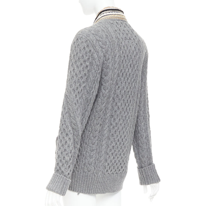 SACAI 2017 grey wool metallic military baroque trim cable knit cardigan JP1 S