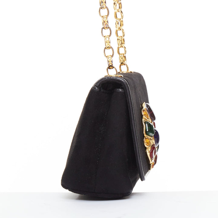 rare CHANEL 1990s Vintage black suede red Gripoix black gold chain crossbody bag