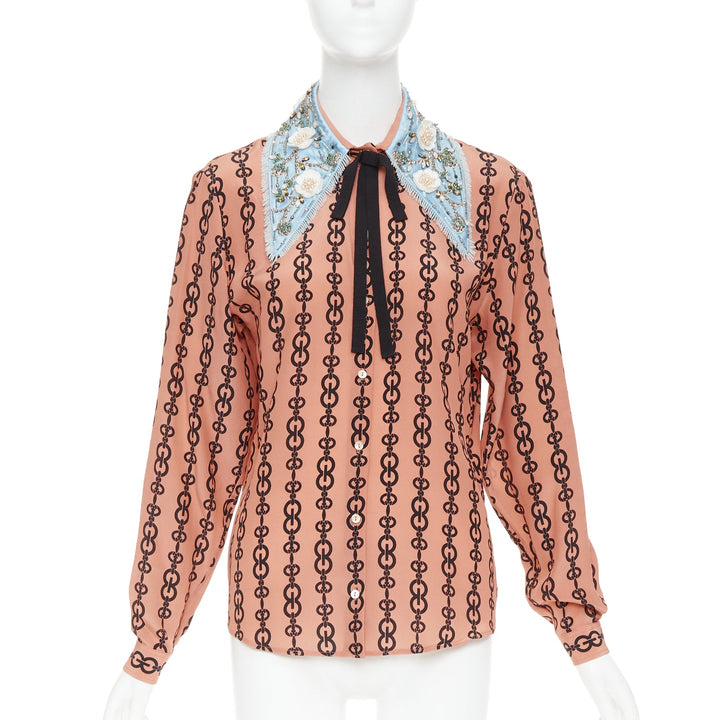 GUCCI Michele 2017 pink silk chain blue embroidered collar blouse IT38 XS