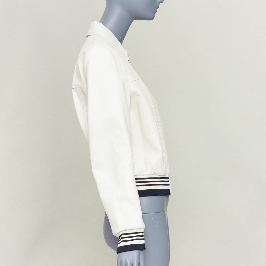 CELINE  cream textured lamb leather black striped ribbed cropped jacket FR38 M