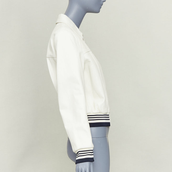 CELINE  cream textured lamb leather black striped ribbed cropped jacket FR38 M